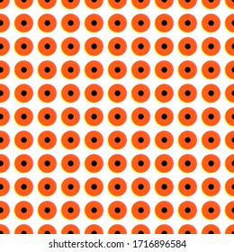 Memphis festive ogange circle or button on white background. Circles in memphis style. Geometric psychedelic  background. Memphis style, 80's, pop art
