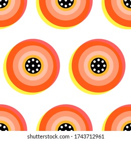 Memphis festive ogange circle or button on white background. Circles in memphis style. Geometric psychedelic background. Memphis style, pop art - Vector