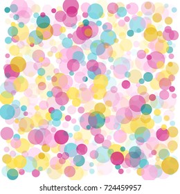 Memphis festive round confetti background in cyan blue, pink and yellow on white. Childish pattern vector, children's party birthday celebration background. Holiday confetti circles in memphis style. 
