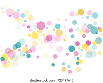 Memphis festive round confetti background in cyan blue, pink and yellow on white. Childish pattern vector, children's party birthday celebration background. Holiday confetti circles in memphis style. 