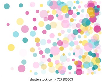 Memphis festive round confetti background in cyan blue, pink and yellow on white. Childish pattern vector, children's party birthday celebration background. Holiday confetti circles in memphis style. 