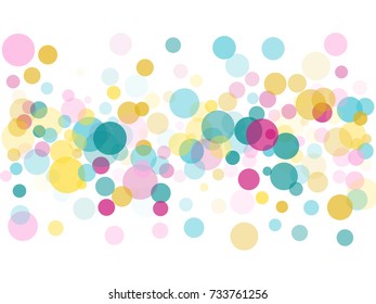 Memphis festive round confetti background in cyan blue, pink and yellow on white. Childish pattern vector, children's party birthday celebration background. Holiday confetti circles in memphis style. 