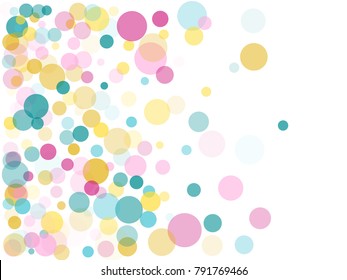 Memphis festive round confetti background in cyan blue, pink and yellow on white. Childish pattern vector, children's party birthday celebration background. Holiday confetti circles in memphis style.