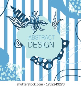 Memphis floral background in minimal trendy style with abstract and liquid forms and lines. Simply design in blue colors.