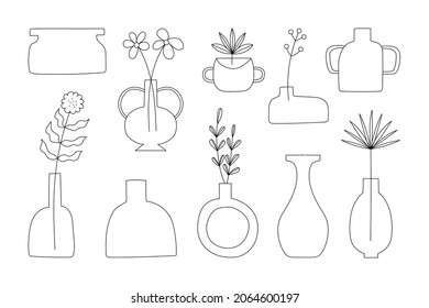 Memphis flowers leaves houseplant in vases and pottery line shape illustration