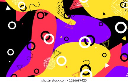 Memphis Flyer. Black Background. Vector Backdrop. Salmon Beautiful Cover. Hipster Decor. Lilac Texture. Colorful Composition. Ink Pop Art Pattern.