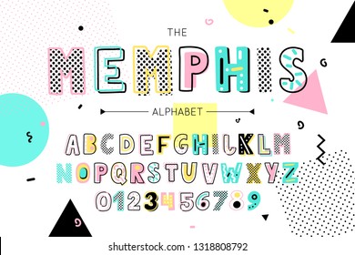 Memphis Font And Alphabet. Vector Type With Colorful Abstract Letters And Numbers