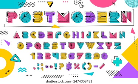 Memphis font, decorative geometric type, offset typeface. Vector modern abstract linear typeset, english alphabet. Colorful abc with minimalistic linear letters, signs and numbers in memphis style