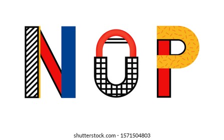 Memphis font in modern style. Graphic vector typeface. Abstract digital letters. Red and yellow and blue colors. Pop art retro alphabet and number set.