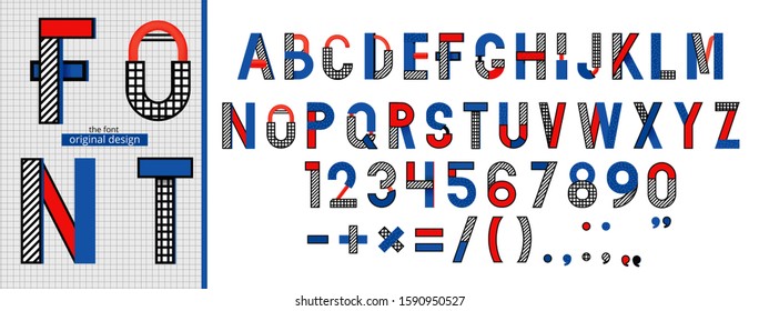 Memphis font in modern style. Graphic vector typeface. Abstract digital letters. Red and yellow and blue colors. Pop art retro alphabet and number set.