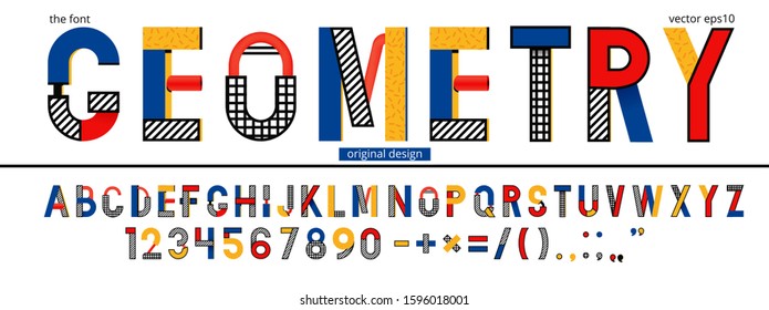 Memphis font in modern style. Graphic vector typeface. Abstract digital letters. Red and yellow and blue colors. Pop art retro alphabet and number set.