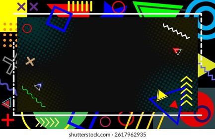 Memphis frame borders. modern abstract geometric posters with hipster shapes. Vibrant backgrounds, cards with dark bold colors and playful patterns and retro futuristic 