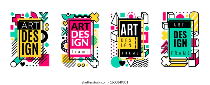 Memphis frame. Graphic abstract dots and lines, halftone gradient geometric elements for business card and flyer, brochure vector minimalistic invitation 80s modern design