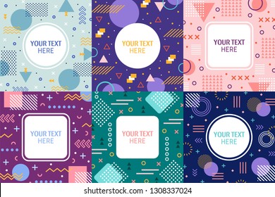 Memphis frames. Retro 90s style abstract banner, colorful fashion cover pattern and invitations template. Geometry composition hipster party cards. Vector background illustration