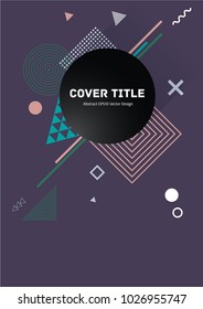 Memphis front cover vector with white, cyan, orange and green geometrical shapes on dark violet background. Front page texture. Colorful title page graphic design for school notebook, dairy or notepad