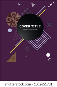 Memphis front cover vector with white, light violet, yellow and grey geometrical shapes on dark purple background. Minimalistic front page theme. Title page backdrop for student notebook or notepad.