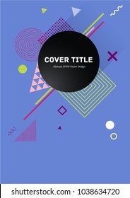 Memphis front cover vector with white, pink, purple and green geometrical shapes on blue background. Minimalistic front page tile. Colorful title page design for college notebook, dairy or notepad.
