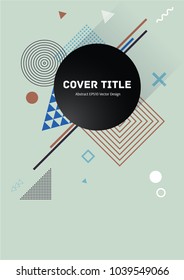 Memphis front cover vector with white, Blue, brown and black geometrical shapes on background. Minimalistic front page template. Colorful title page graphic design for student notebook or notepad.