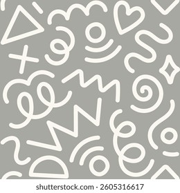 Memphis fun geometric seamless pattern. Cool abstract background, retro 80s, 90s style with basic shapes: star, triangle, circle, semicircle, heart, zigzag, spiral, wavy lines. Cute kid doodle design.