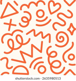 Motif géométrique harmonieux de Memphis. Arrière-plan abstrait frais, style rétro années 80, années 90 avec formes de base: étoile, triangle, cercle, demi-cercle, coeur, zigzag, spirale, lignes ondulées. Joli dessin de gribouillages pour enfants.