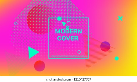 Memphis Funky Music Poster Vector Template. Neon Gradient Overlay, Small Space Particles Background. Geometric Memphis Elements, Minimal Cover Layout. Vintage Elemets Business Design