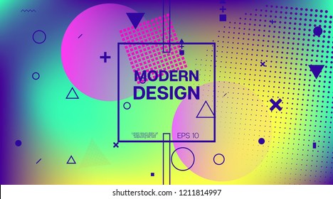 Memphis Funky Music Poster Vector Template. Neon Color Overlay, Gradient Space Hipster Background. Memphis Design Geometric Elements, Minimal Cover. Vintage Abstract Shapes Corporate Design