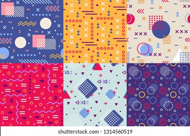 Memphis funky pattern. Retro 90s abstract shapes backgrounds. Creative shape texture poster, 80s geometric wallpaper or hipster memphis ornament. Seamless vector background patterns set