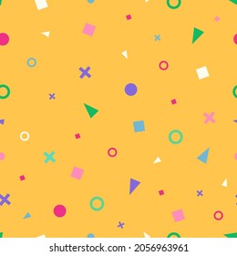 Memphis gaming random particles seamless pattern. Best for child decorative design. Square vector  pattern with geometric shapes like square, triangle and circle. Yellow tileable pattern.