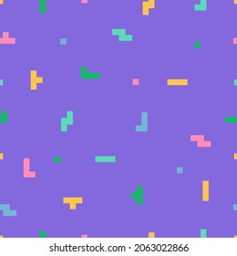 Memphis gaming random particles seamless pattern.  Purple repeat baby child decorative texture or fabric design. Square vector pattern with geometric square pixel mosaic elements like tetris shapes. 