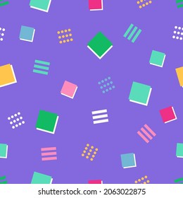 Memphis para jugar partículas aleatorias patrón sin fisuras.  Púrpura repita la textura decorativa del niño bebé o el diseño de tela. Patrón vectorial cuadrado con formas cuadradas geométricas y elementos punteados.
