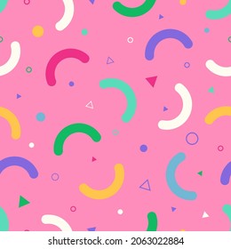 Memphis gaming random particles seamless pattern. Baby child decorative texture or fabric design. Square vector pattern with geometric shapes like circles, dots and sticks. Pink repeat pattern.