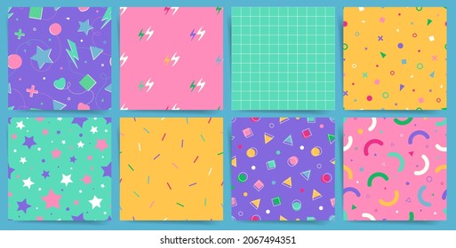 Memphis gaming random particles seamless pattern. Child or baby unisex decorative design. Square vector patterns with geometric shapes like square, triangle and circle. Yellow, pink, green, colors.