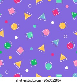 Memphis gaming random triangle particles seamless pattern.  Purple repeat baby child decorative texture or fabric design. Square vector pattern with geometric triangle and circle shapes and dots.