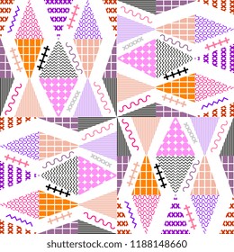 Memphis geometric abstract pattern. Seamless trendy popular triangle colorful 60s,70s,80s,90s style. Vector illustration for fashion textile print and wallpaper background.