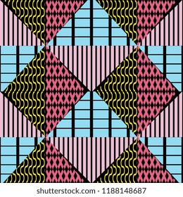 Memphis geometric abstract pattern. Seamless trendy popular triangle colorful 60s,70s,80s,90s style. Vector illustration for fashion textile print and wallpaper background.