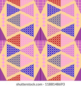 Memphis geometric abstract pattern. Seamless trendy popular triangle colorful 60s,70s,80s,90s style. Vector illustration for fashion textile print and wallpaper background.