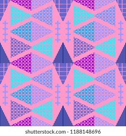 Memphis geometric abstract pattern. Seamless trendy popular triangle colorful 60s,70s,80s,90s style. Vector illustration for fashion textile print and wallpaper background.