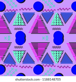 Memphis geometric abstract pattern. Seamless trendy popular triangle colorful 60s,70s,80s,90s style. Vector illustration for fashion textile print and wallpaper background.