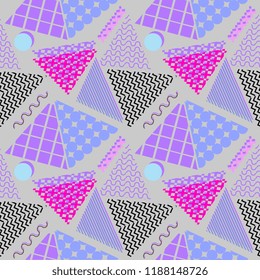 Memphis geometric abstract pattern. Seamless trendy popular triangle colorful 60s,70s,80s,90s style. Vector illustration for fashion textile print and wallpaper background.