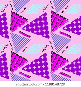 Memphis geometric abstract pattern. Seamless trendy popular triangle colorful 60s,70s,80s,90s style. Vector illustration for fashion textile print and wallpaper background.