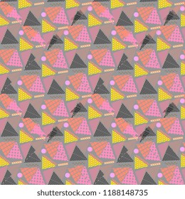 Memphis geometric abstract pattern. Seamless trendy popular triangle colorful 60s,70s,80s,90s style. Vector illustration for fashion textile print and wallpaper background.