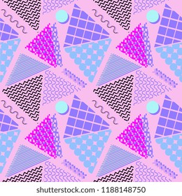 Memphis geometric abstract pattern. Seamless trendy popular triangle colorful 60s,70s,80s,90s style. Vector illustration for fashion textile print and wallpaper background.