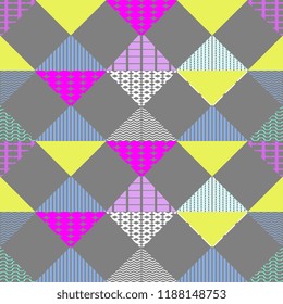 Memphis geometric abstract pattern. Seamless trendy popular triangle colorful 60s,70s,80s,90s style. Vector illustration for fashion textile print and wallpaper background.