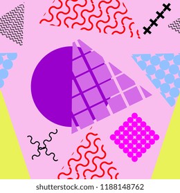 Memphis geometric abstract pattern. Seamless trendy popular triangle colorful 60s,70s,80s,90s style. Vector illustration for fashion textile print and wallpaper background.