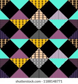 Memphis geometric abstract pattern. Seamless trendy popular triangle colorful 60s,70s,80s,90s style. Vector illustration for fashion textile print and wallpaper background.