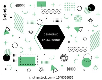 Memphis geometric background with abstract element shapes. Graphic minimal texture for holiday poster, card, social media. Abstract pattern with circle, halftone dots. Geometry flat banner. vector