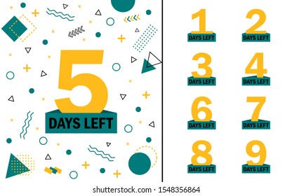Memphis geometric background with number days left countdown 1, 2, 3, 4, 5, 6, 7, 8, 9. Design template for post, blog of social network, media. Flat isolated layout with countdown. vector eps10