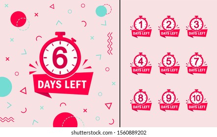 Memphis geometric background with number days left countdown 1, 2, 3, 4, 5, 6, 7, 8, 9. Design template for post, blog of social network, media. Flat isolated layout with timer countdown. vector eps10