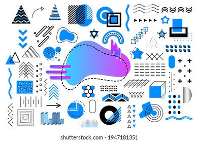 Memphis geometric blue gradient elements for design. Vector illustration with copy space for web, sale, posters, advertising, template, promotion.