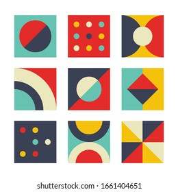 Memphis geometric card set. Retro abstract elements bauhaus swiss style, modern geometry graphic pattern, trendy design for wallpaper, banner, cover, poster. Vector illustration